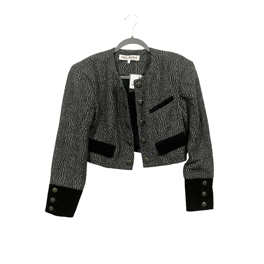 Free People Tweed Emily Jacket sz: S Black Cropped Military Coat Velvet Cuffs - Picture 4 of 10